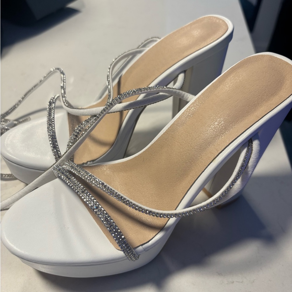 White and Silver High-Heeled Mules with Glittering Straps